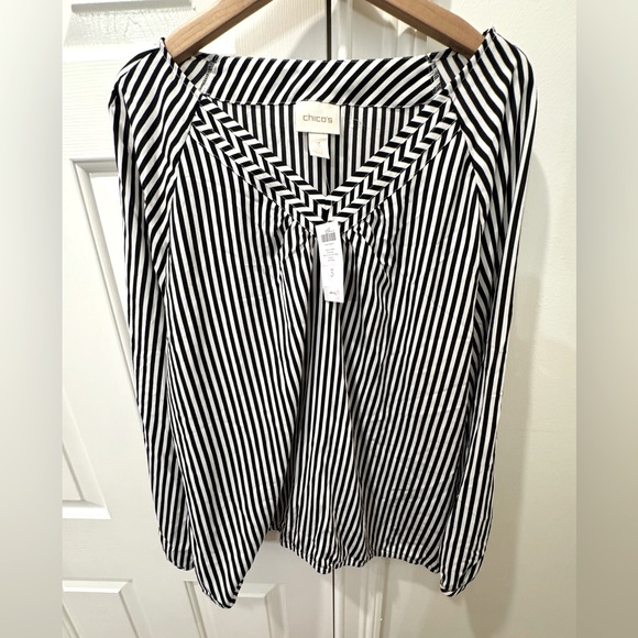 Chico's Tops - Chicos Boho Stripe Popover Top 3/4 Sleeve Black White Blouse Size 3 XL 570170381